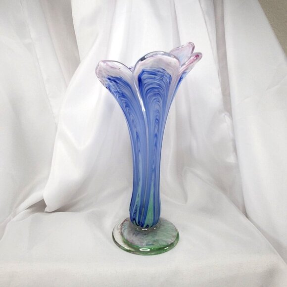 Handblown Art Glass Vase Pink & Blue Swirl Design Pulled Swung Glass 9.5"Tall - Picture 11 of 16